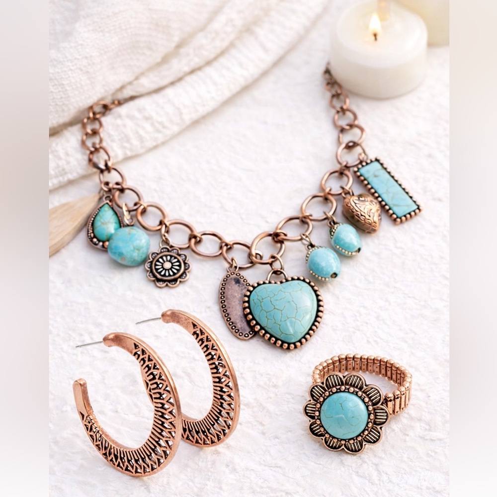 Western Boho Copper & Turquoise Jewelry Set - 3pc Bundle